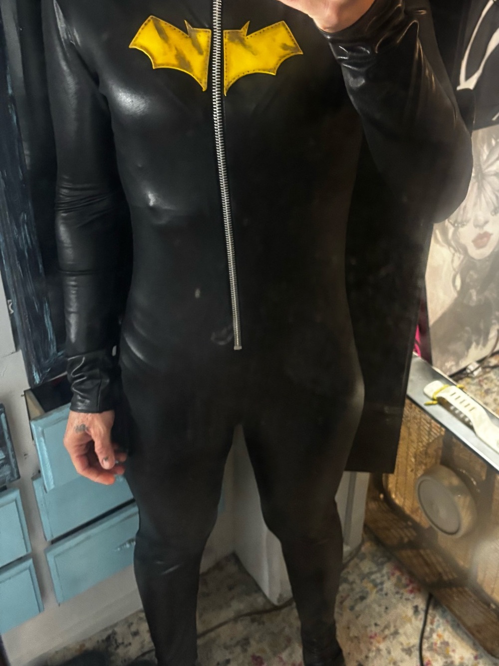 Black Faux Leather Batwoman Zipper Jumpsuit with Yellow Bat Emblem
